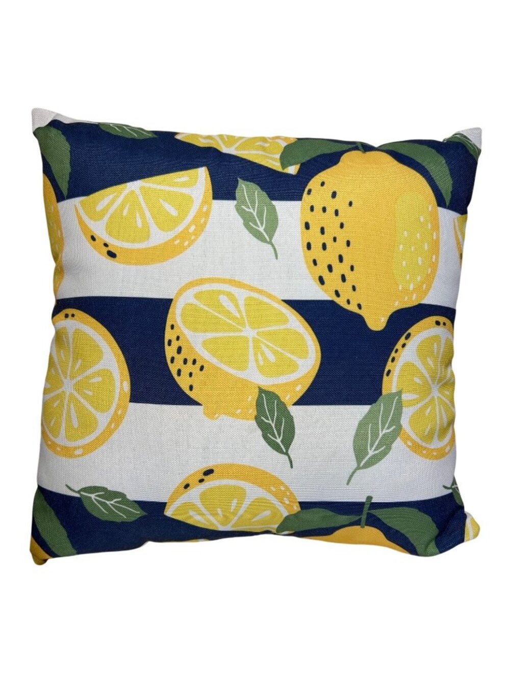 Lemon Print Throw Pillow - Yellow & Green On Navy Stripes - Indoor/Outdoor Decor